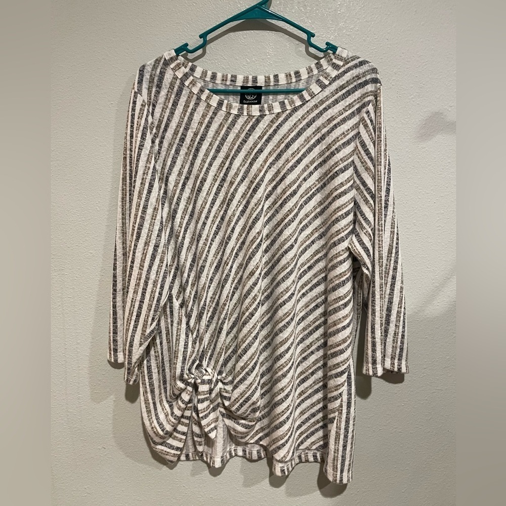 Bobeau White Grey Tan Striped Long Sleeve Top